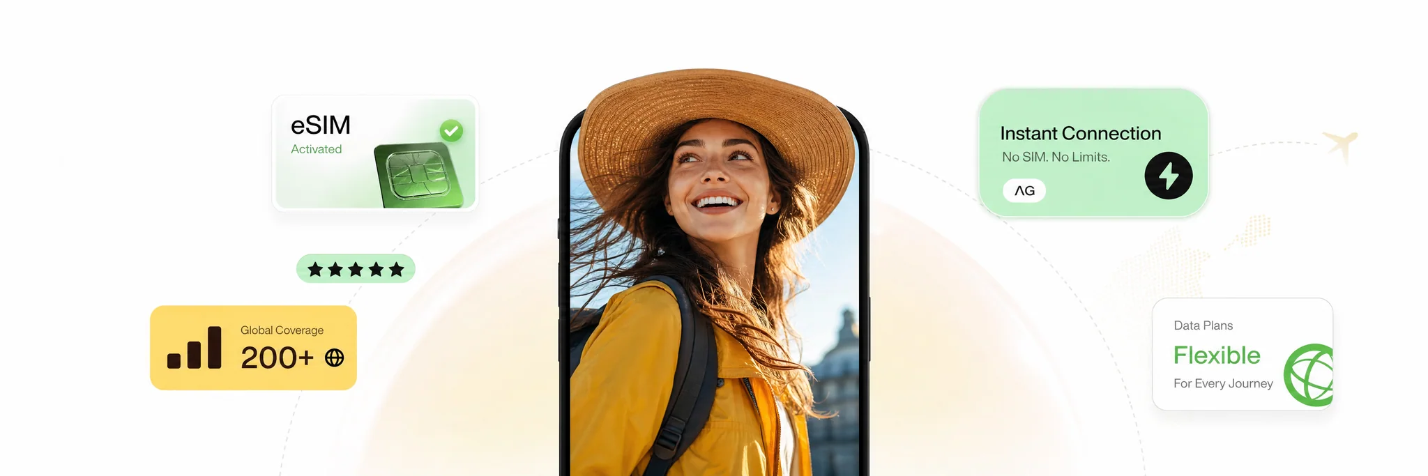 A traveler staying connected abroad with eSIM — activated eSIM, instant connection, and global coverage
