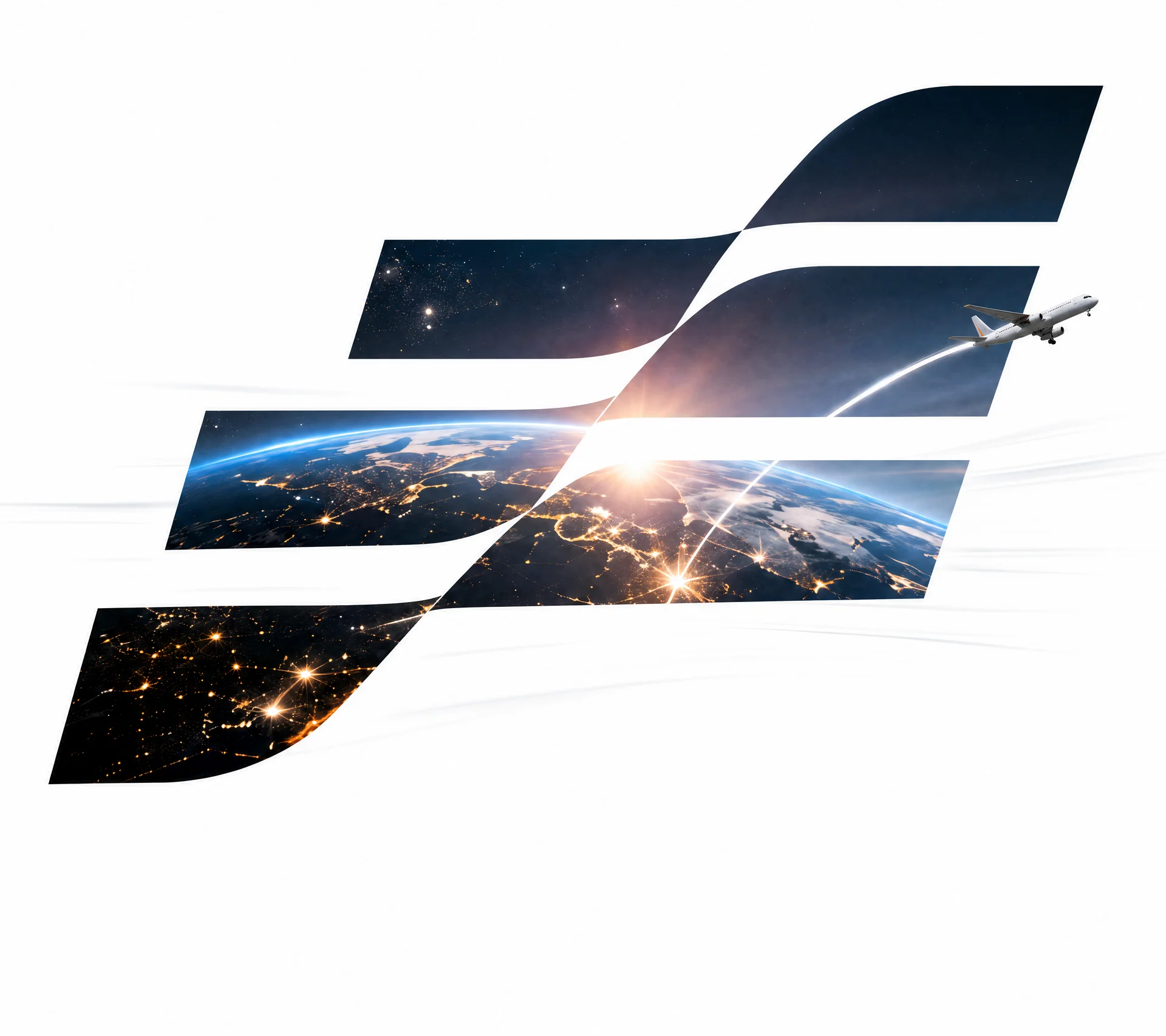 Earth from space with a flowing MOBINIL flag and an airplane in flight